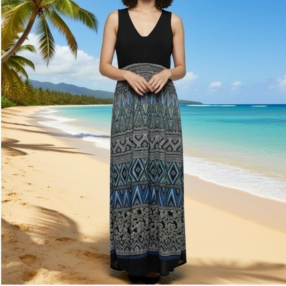 Studio I Maxi Dress Women 14 Black Blue Geometric Floral Print Sleeveless V-Neck